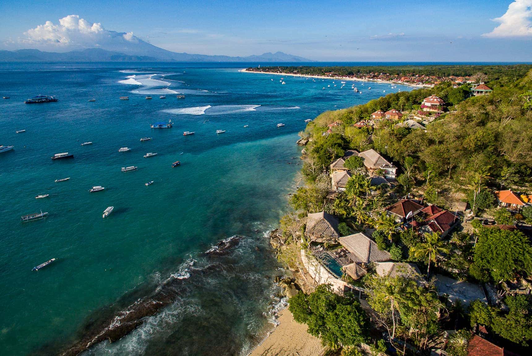 aerial drone views over Villa Sayang on Nusa Lembongan