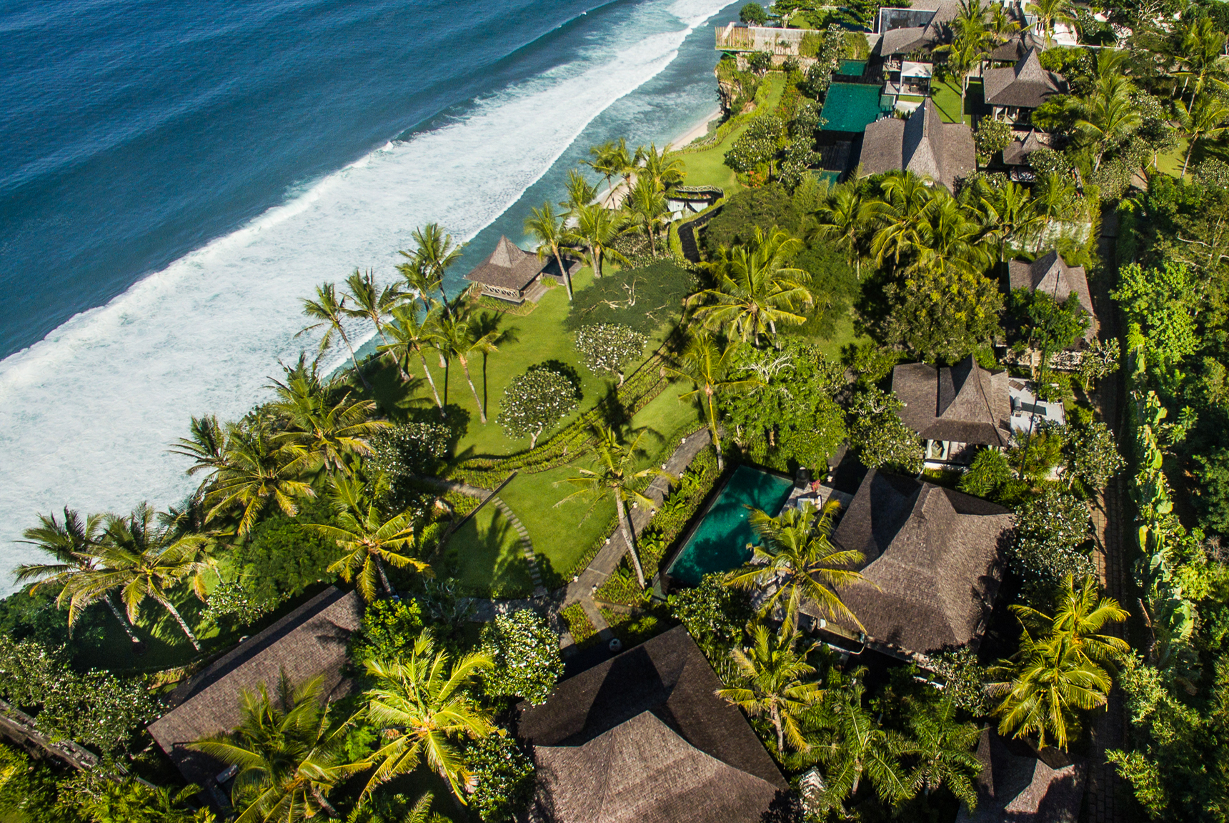 Pool, garden, villa layout, beach, ocean, and Pecatu and Uluwatu Bali views