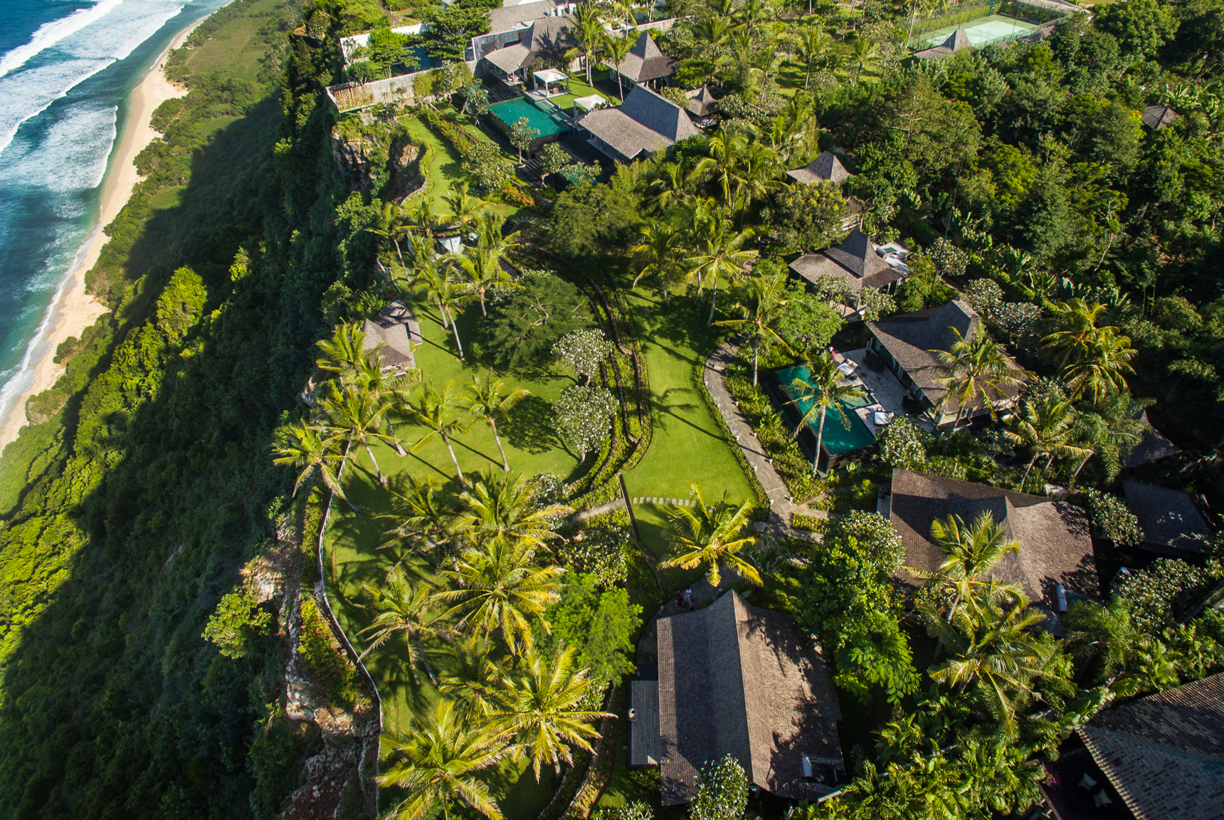 Pool, garden, villa layout, beach, ocean, and Pecatu and Uluwatu Bali views