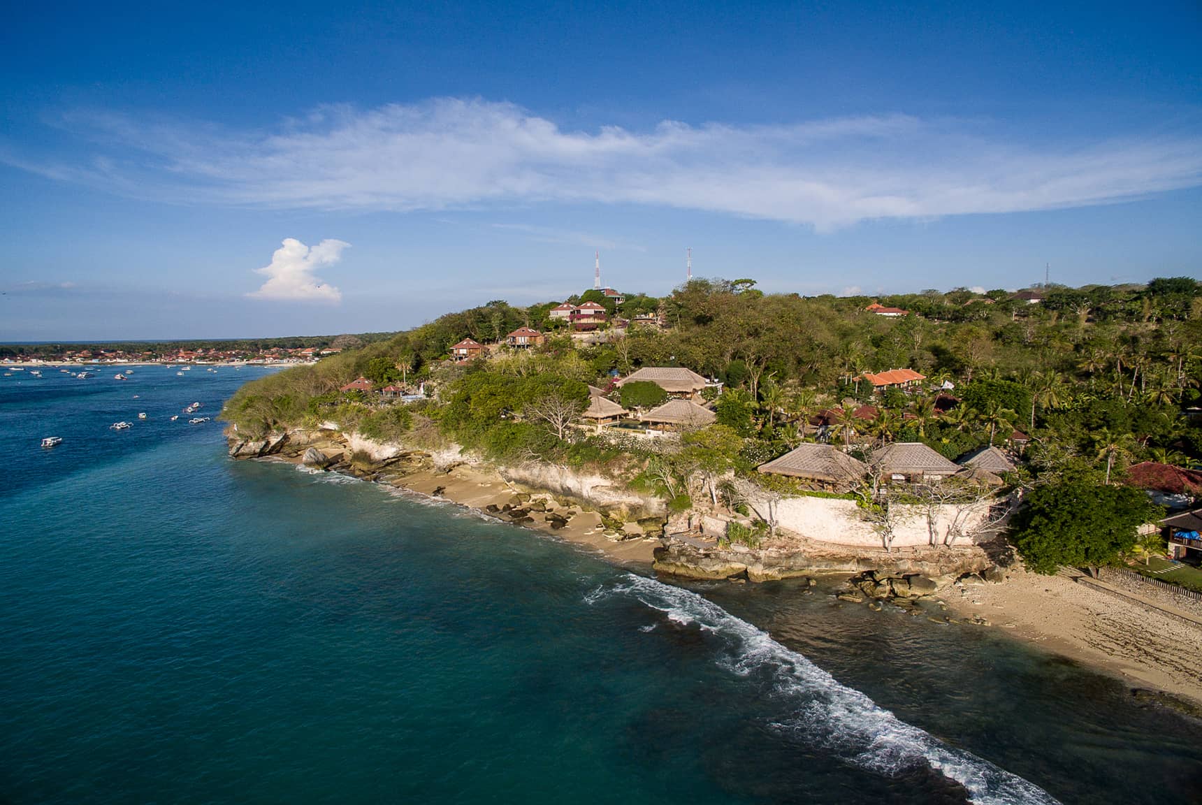 Pool, garden, villa layout, beach, ocean, and Nusa Lembongan views