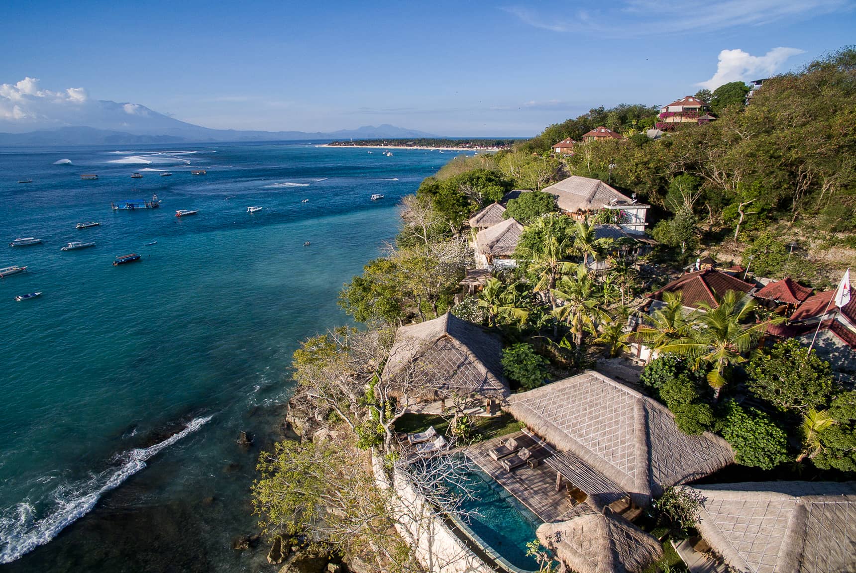 Pool, garden, villa layout, beach, ocean, and Nusa Lembongan views