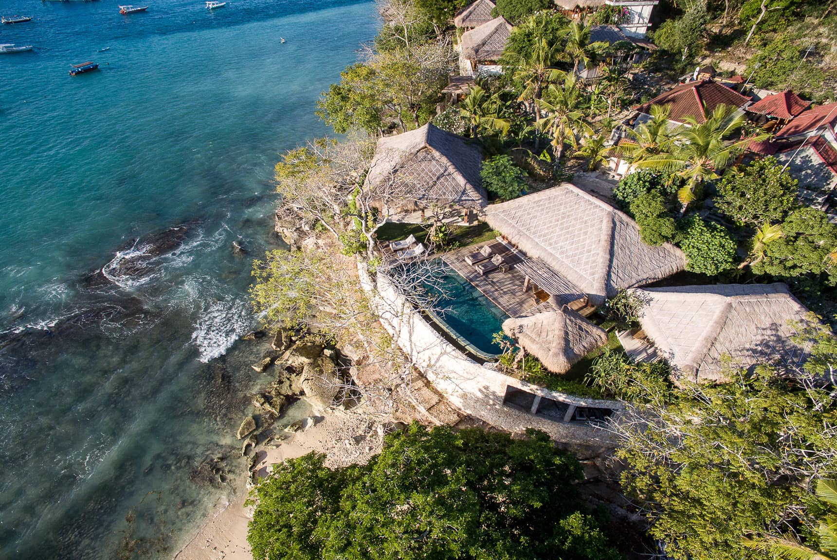 Pool, garden, villa layout, beach, ocean, and Nusa Lembongan views