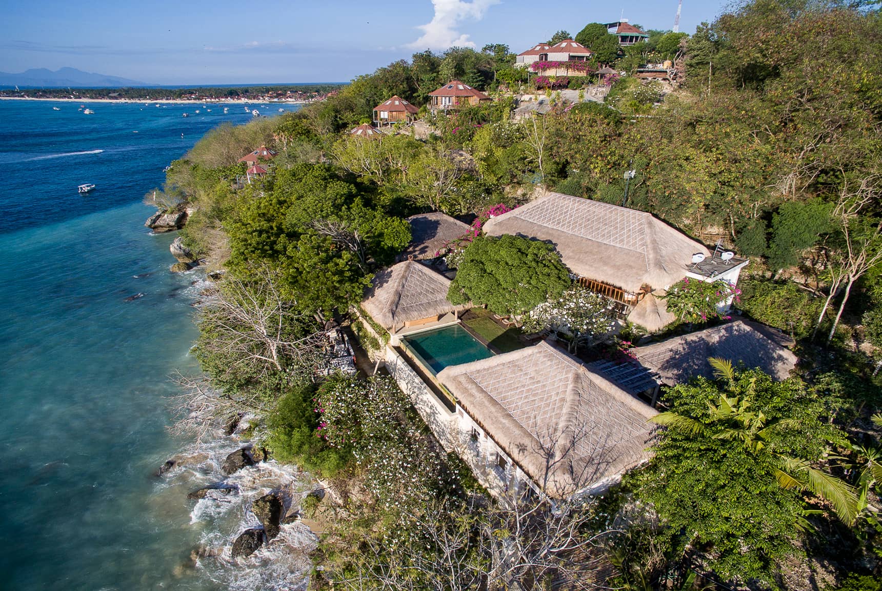 Pool, garden, villa layout, beach, ocean, and Nusa Lembongan views