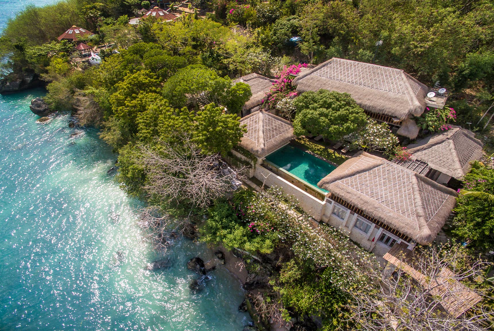 Pool, garden, villa layout, beach, ocean, and Nusa Lembongan views