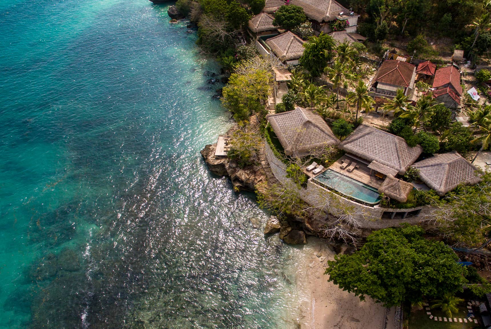 Pool, garden, villa layout, beach, ocean, and Nusa Lembongan views
